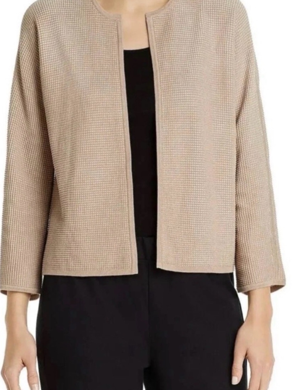 Eileen Fisher Beige Waffle Knit Open-Front Cardigan L